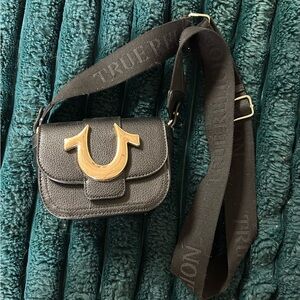 True Religion Black Crossbody with Gold Horseshoe Emblem